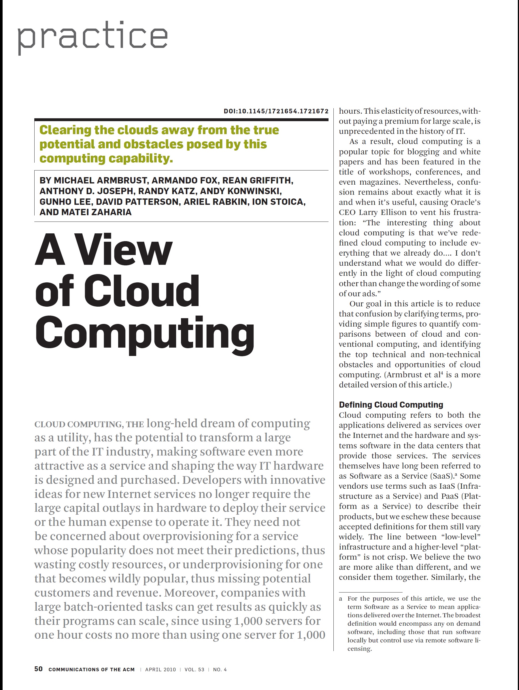 A View of Cloud Computing, ACM, 2010