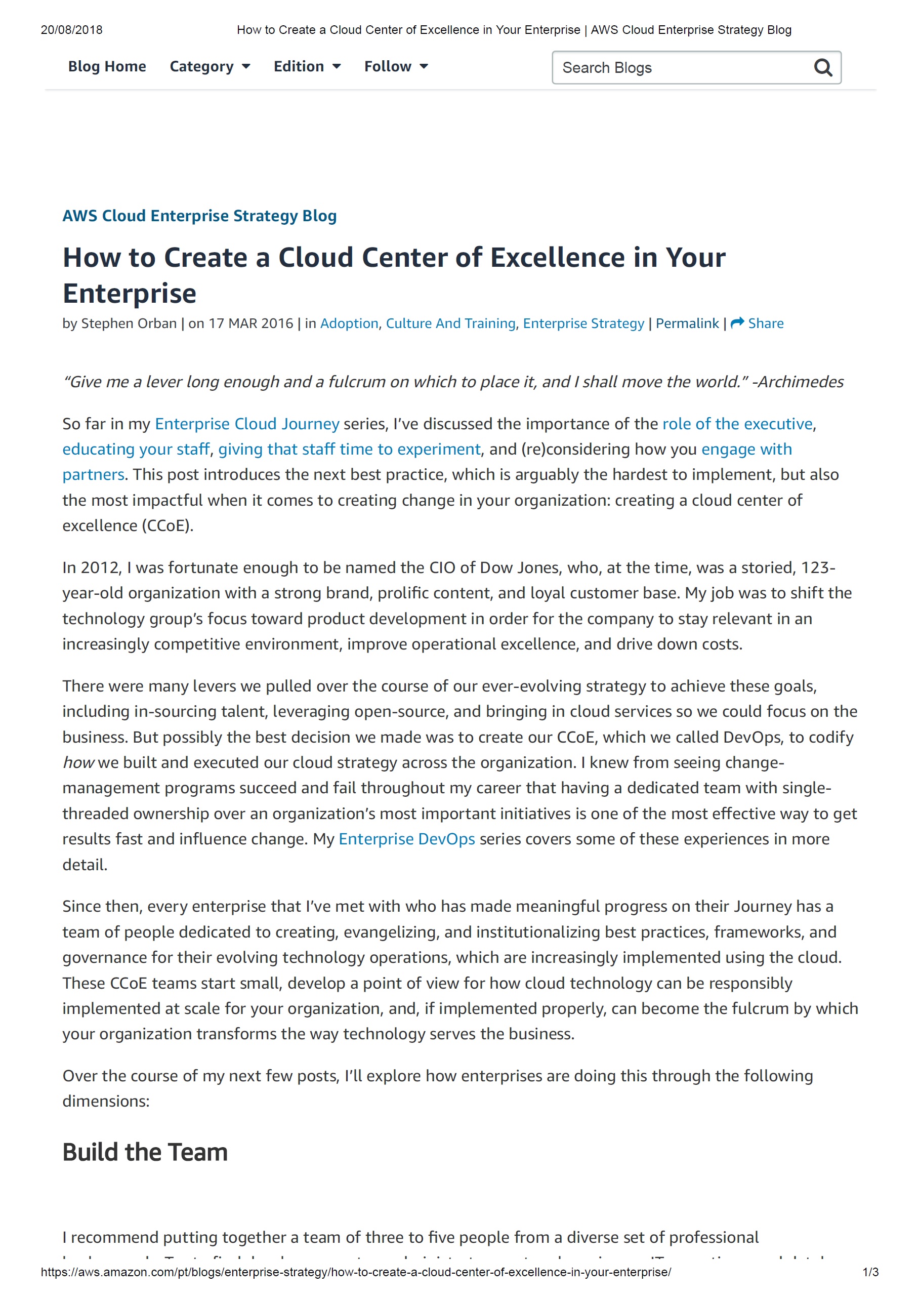 How to Create a Cloud Center of Excellence in Your Enterprise – AWS, 2016