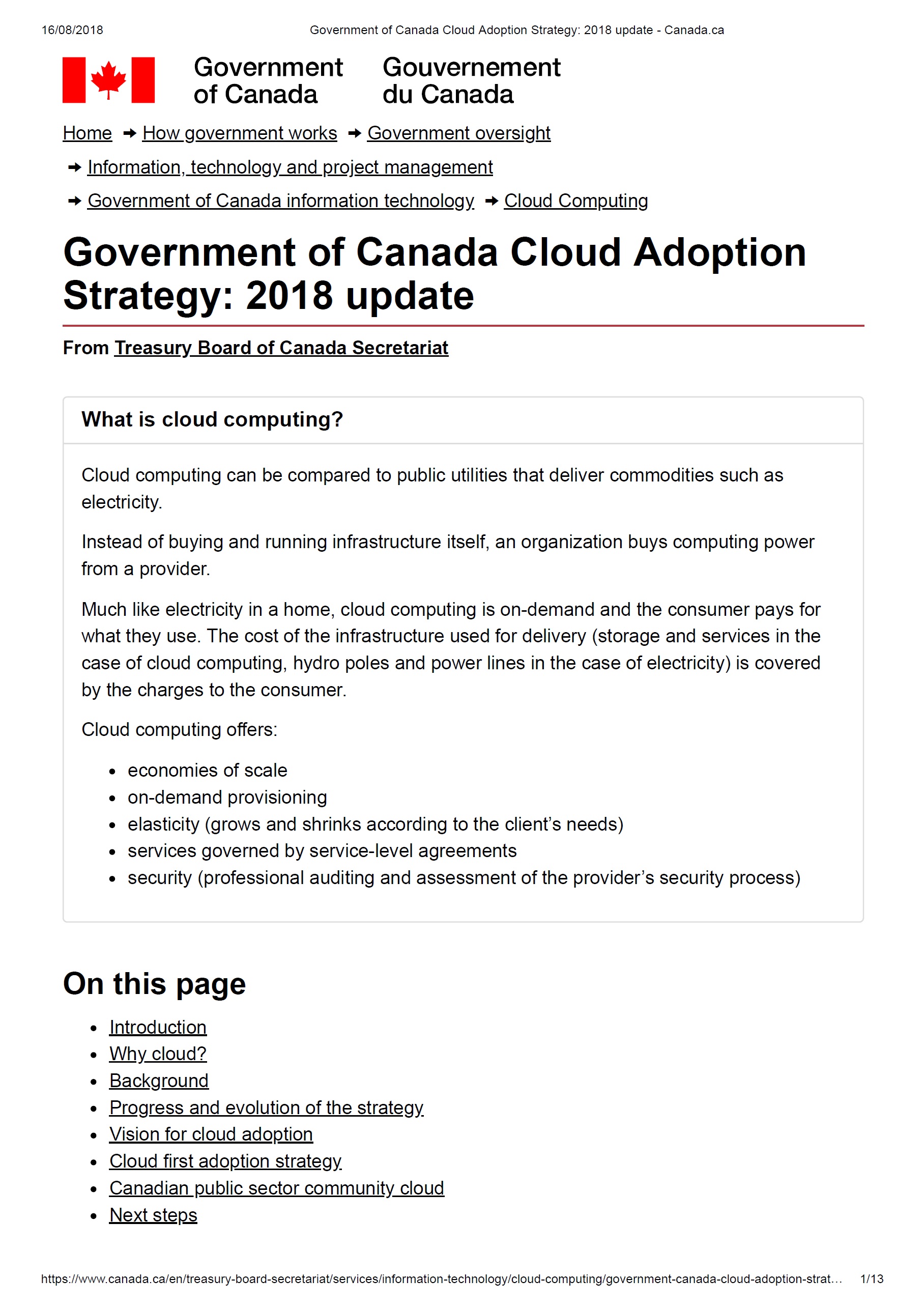 Government of Canada Cloud Adoption Strategy: 2018