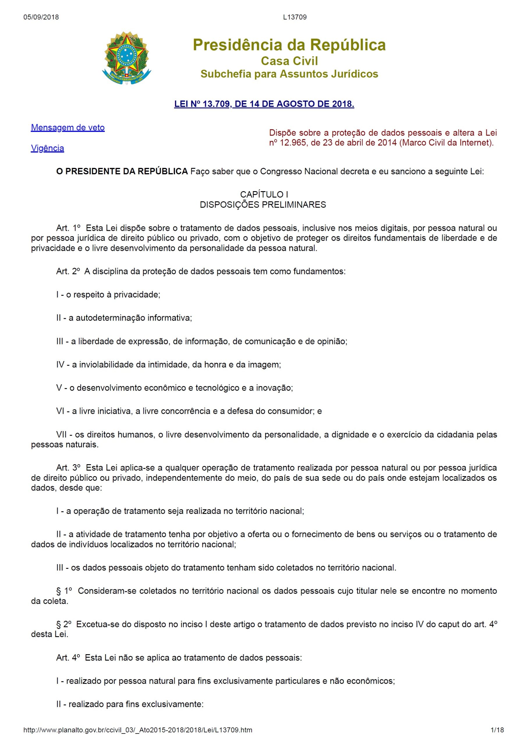 Lei 13.709 - Lei Geral de Proteção de Dados Pessoais