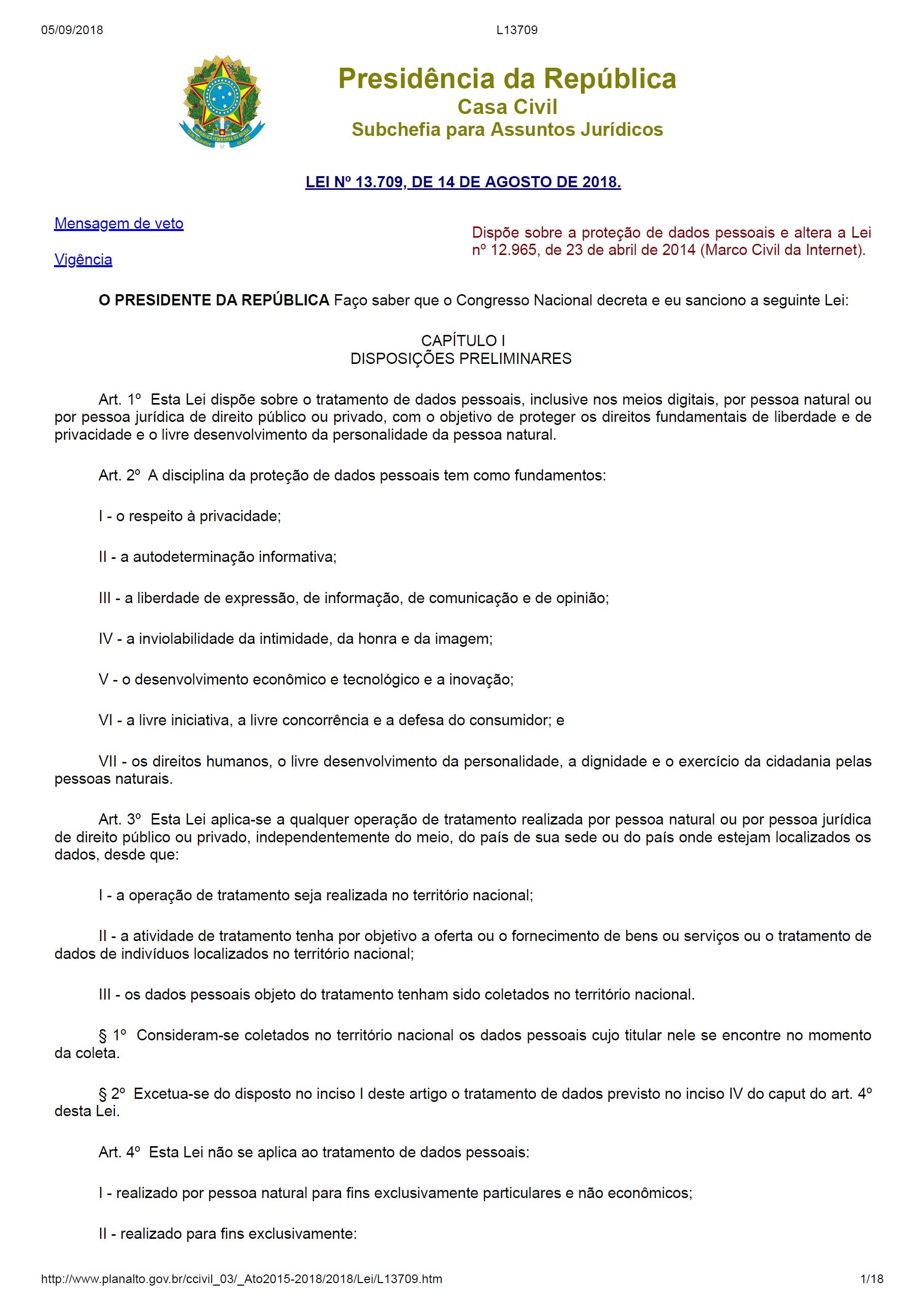 Lei 13.709/2018 – Lei Geral de Proteção de Dados Pessoais