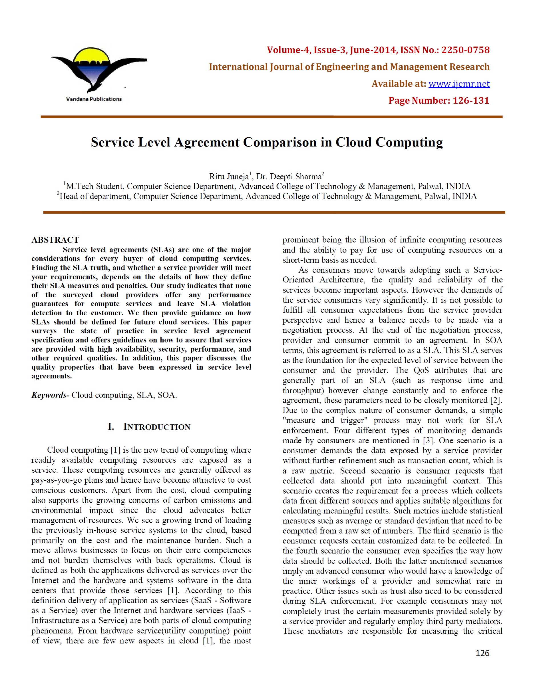 Service Level Agreement Comparison in Cloud Computing – ijemr