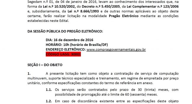 TCU – Edital de contratação de serviço de computação multinuvem, suporte técnico especializado e treinamento