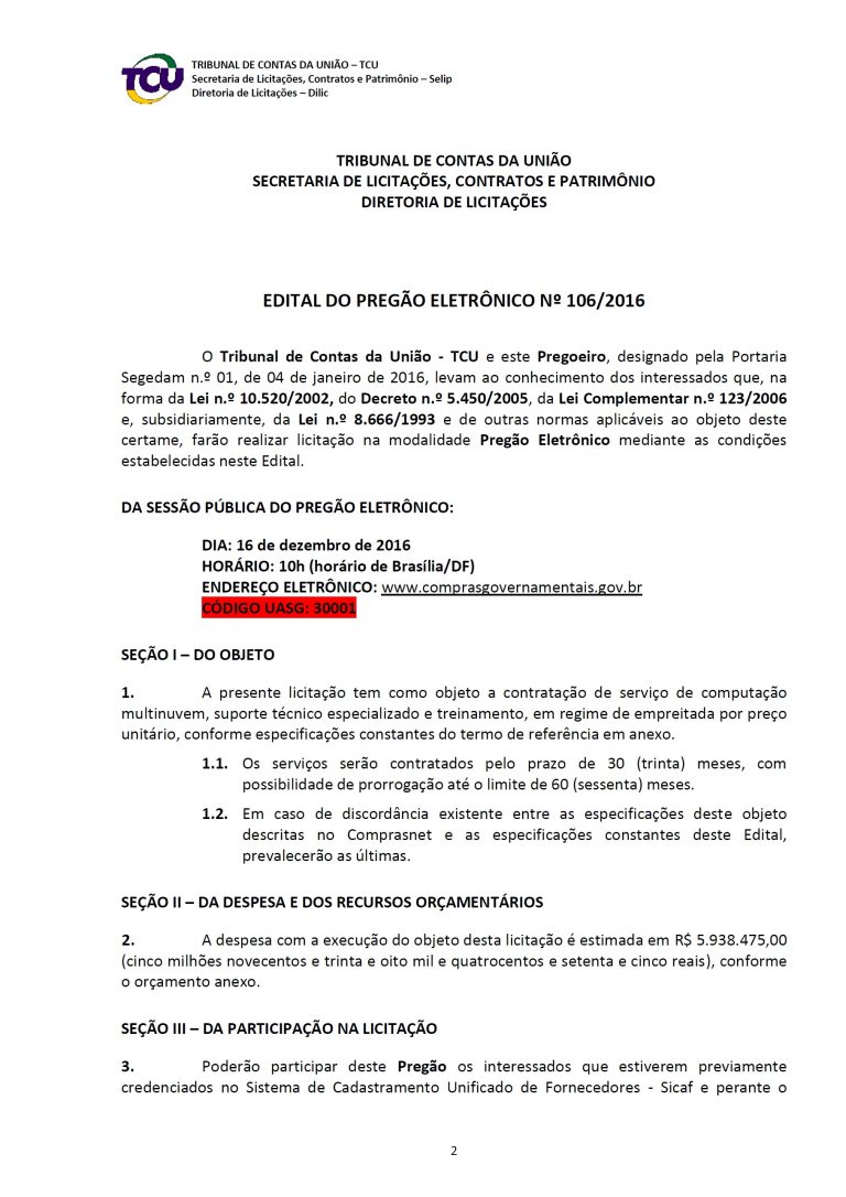 TCU - Edital de contratação de serviço de computação multinuvem
