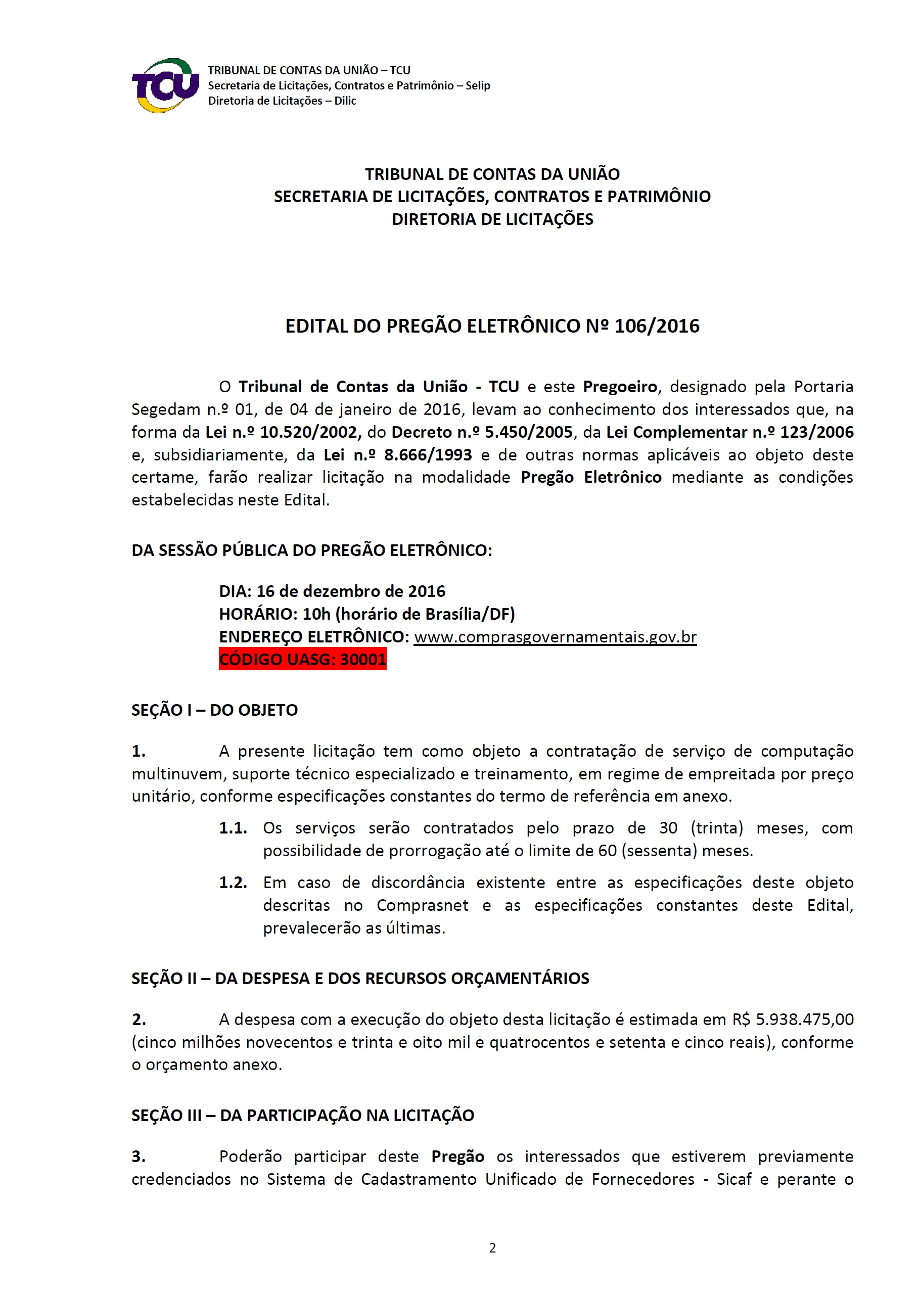 TCU – Edital de contratação de serviço de computação multinuvem, suporte técnico especializado e treinamento